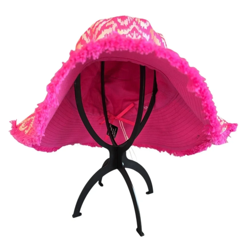 NWT Sprigs Ikat Wide Brim Fringe Reversible Sun Hat UPF 50 pink orange